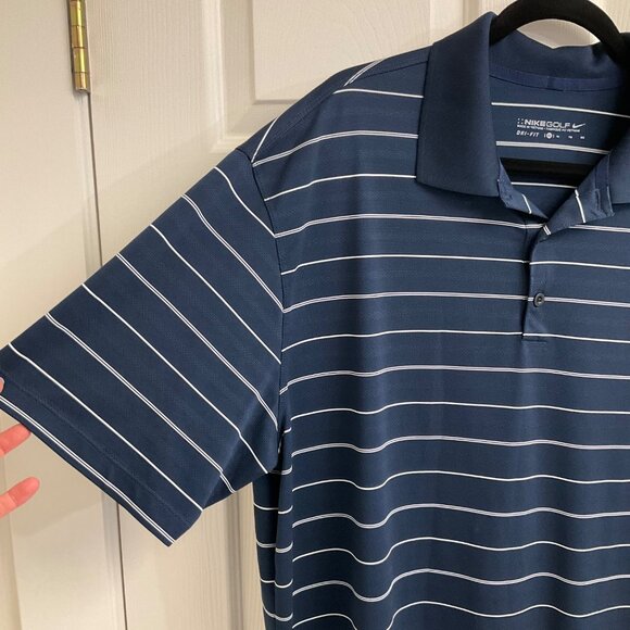 Nike Golf Men's XL Navy Blue & White Striped Dri-Fit Short Sleeve Polo Shirt - Picture 3 of 9